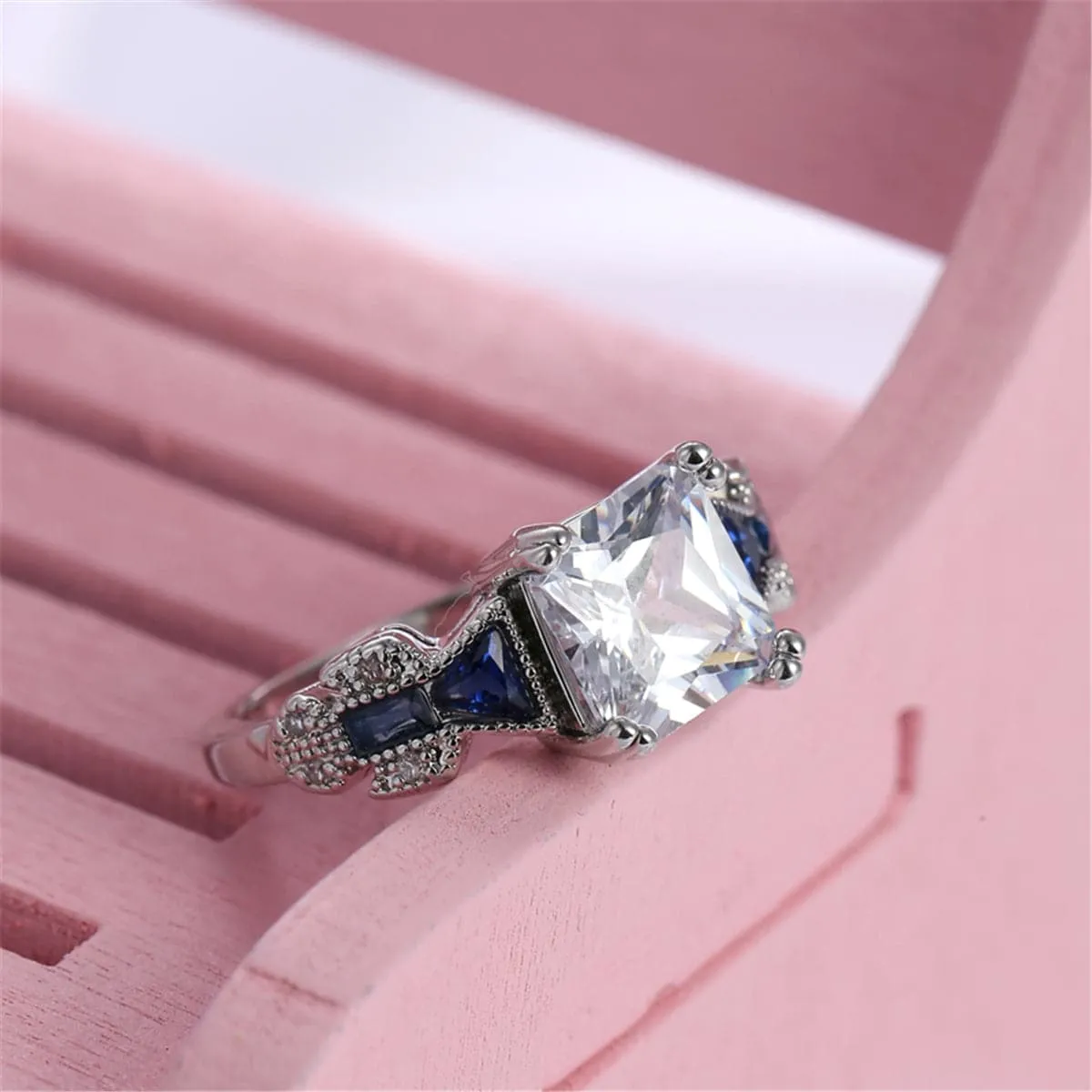 Crystal & Silver-Plated Princess-Cut Prong-Set Ring