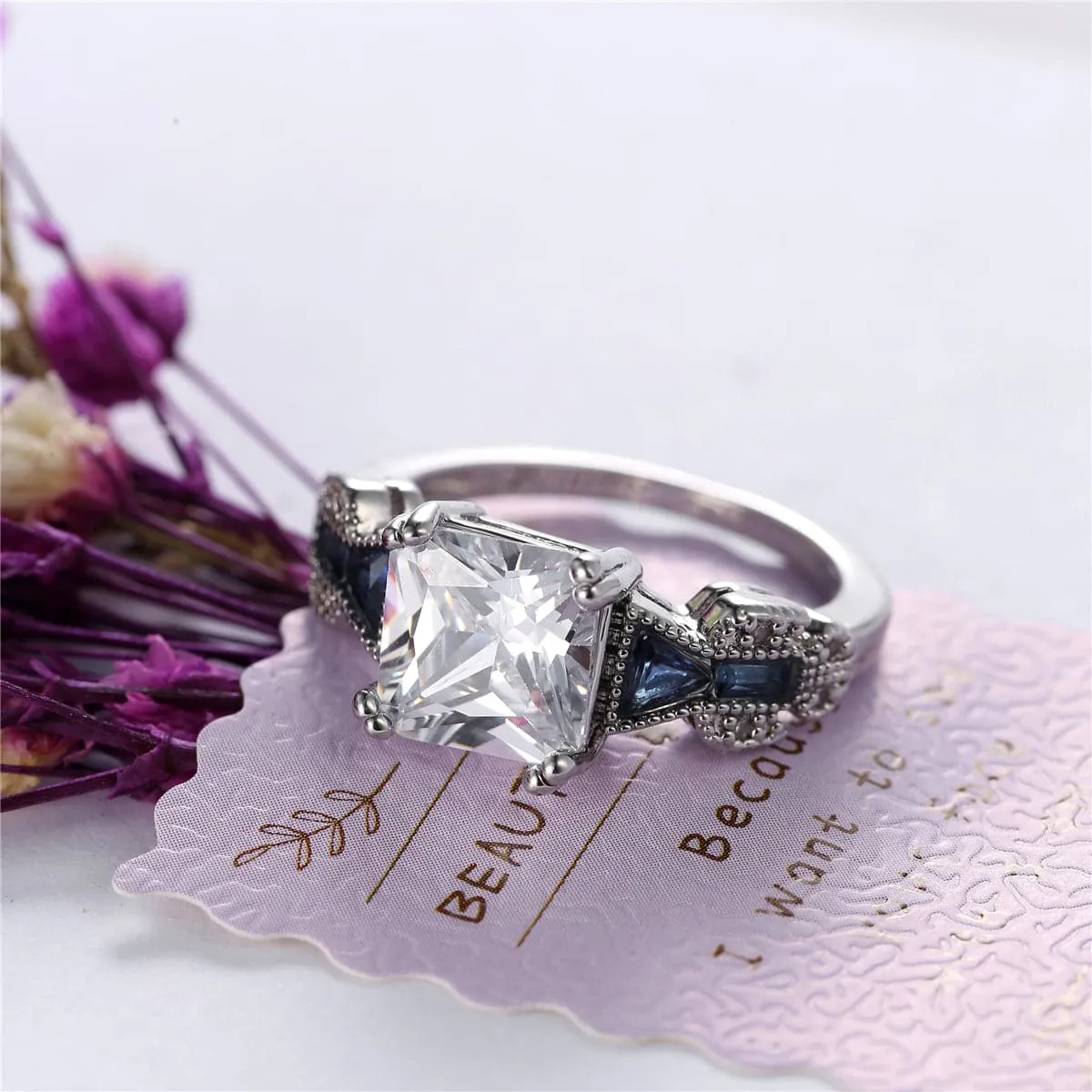 Crystal & Silver-Plated Princess-Cut Prong-Set Ring