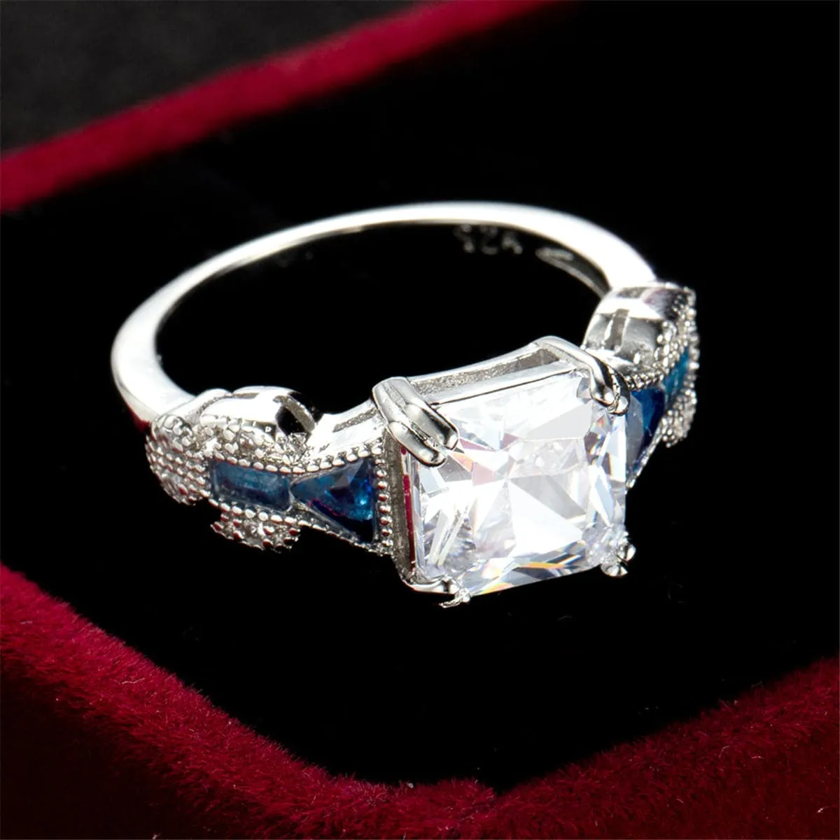 Crystal & Silver-Plated Princess-Cut Prong-Set Ring
