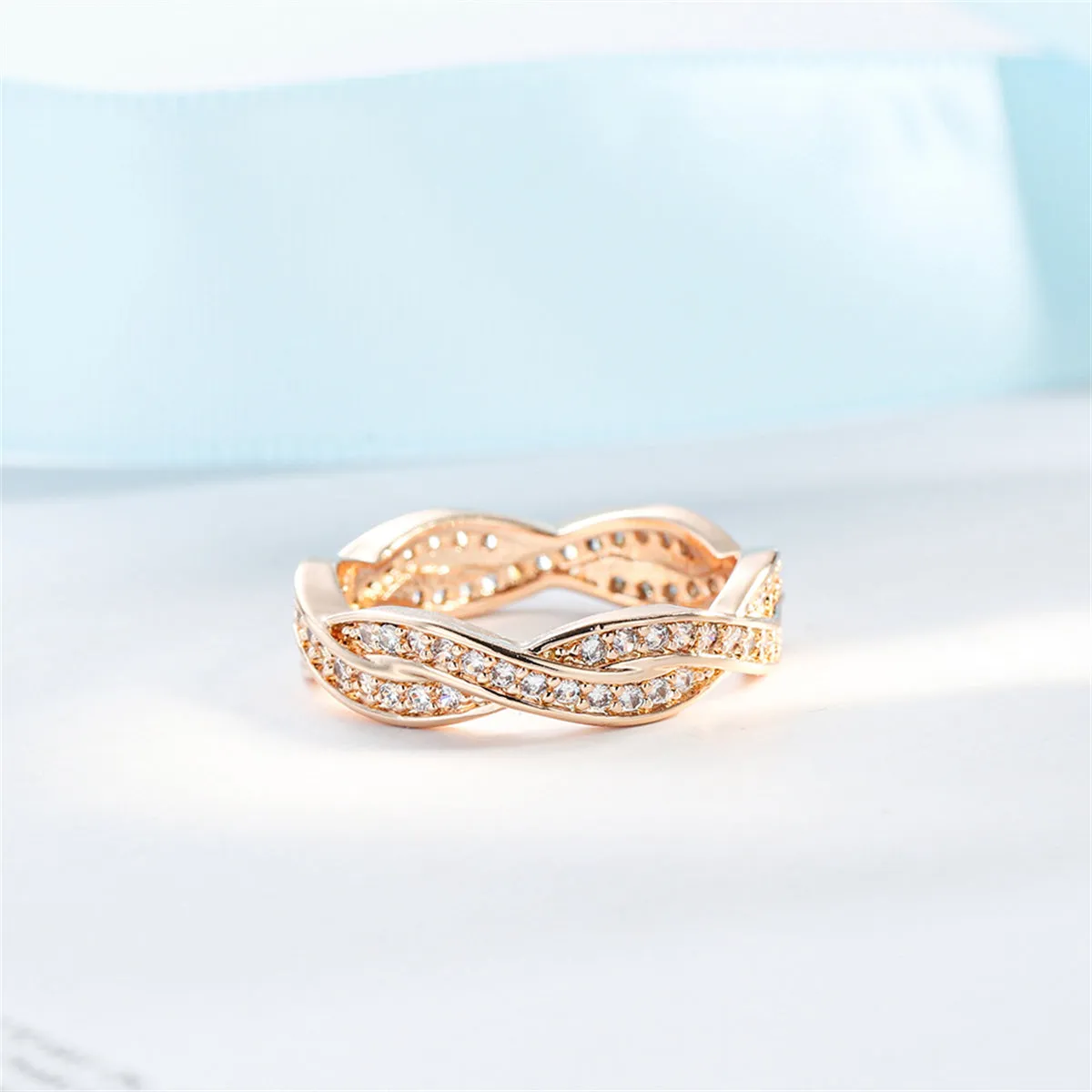 Cubic Zirconia & 18K Rose Gold-Plated Crossing Line Band Ring