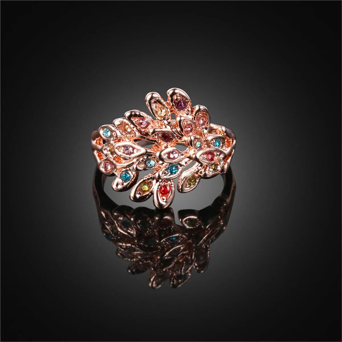 Cubic Zirconia & 18K Rose Gold-Plated Peacock Feather Ring