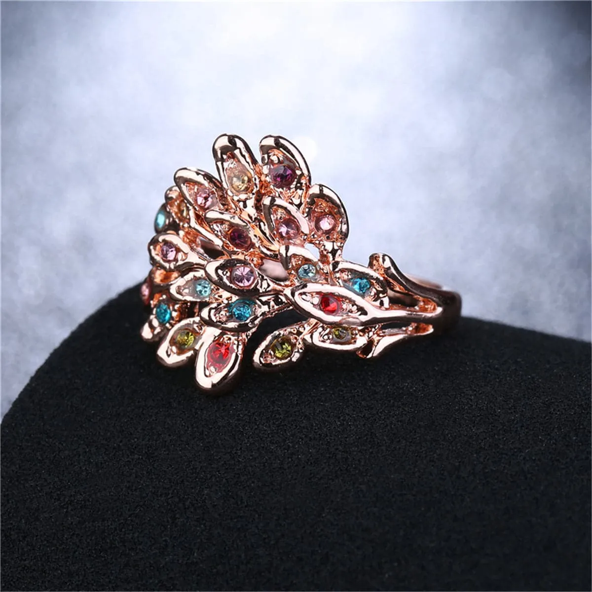 Cubic Zirconia & 18K Rose Gold-Plated Peacock Feather Ring