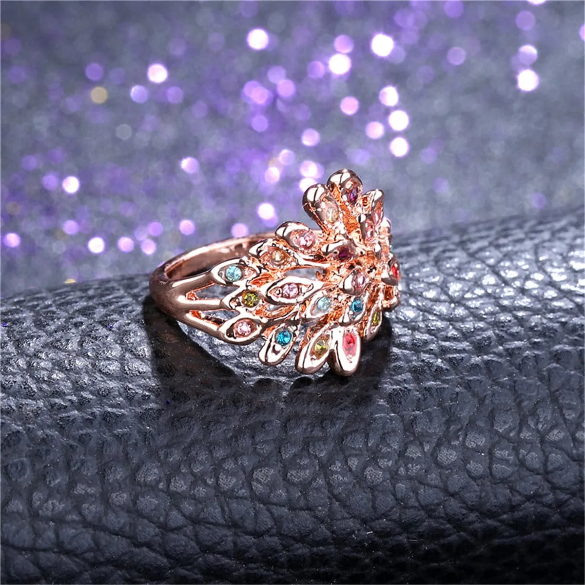 Cubic Zirconia & 18K Rose Gold-Plated Peacock Feather Ring