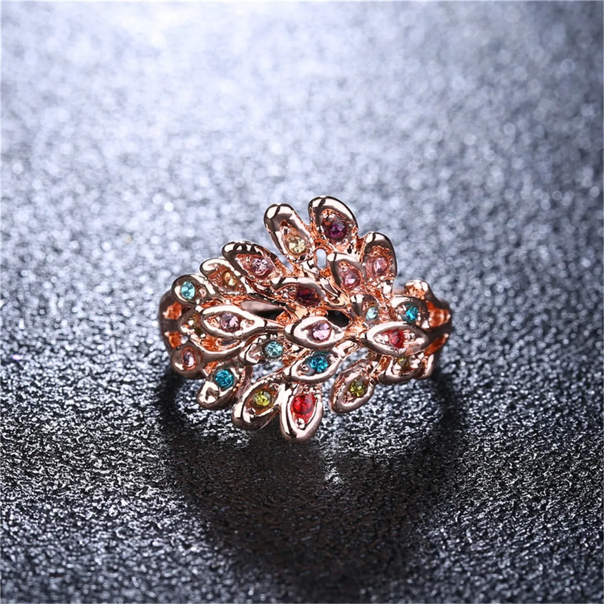 Cubic Zirconia & 18K Rose Gold-Plated Peacock Feather Ring