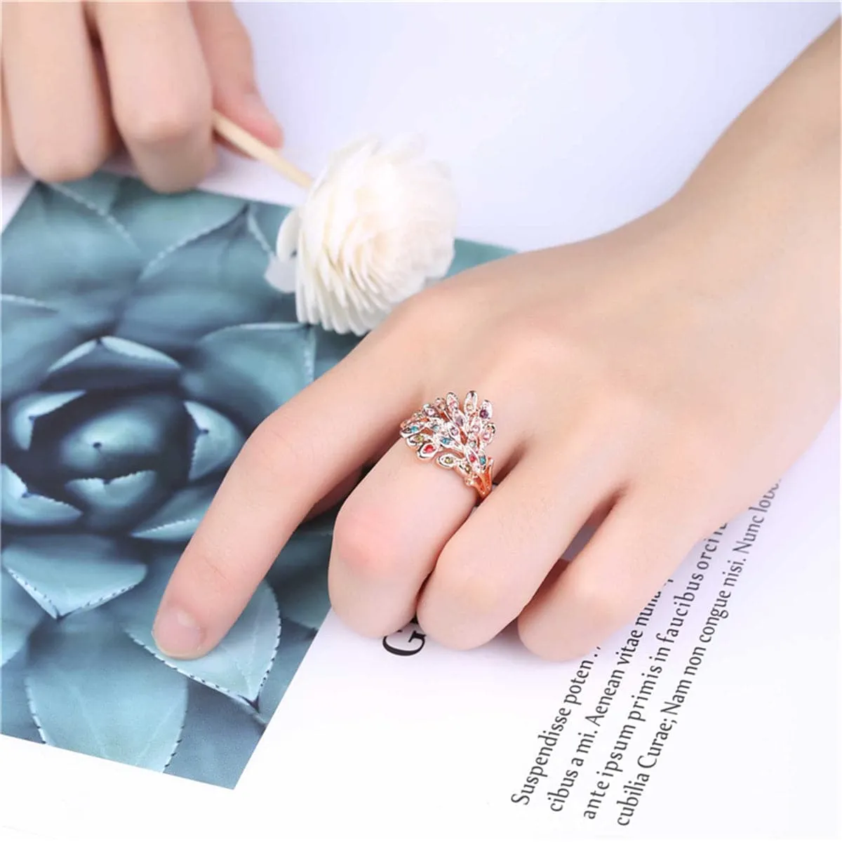 Cubic Zirconia & 18K Rose Gold-Plated Peacock Feather Ring