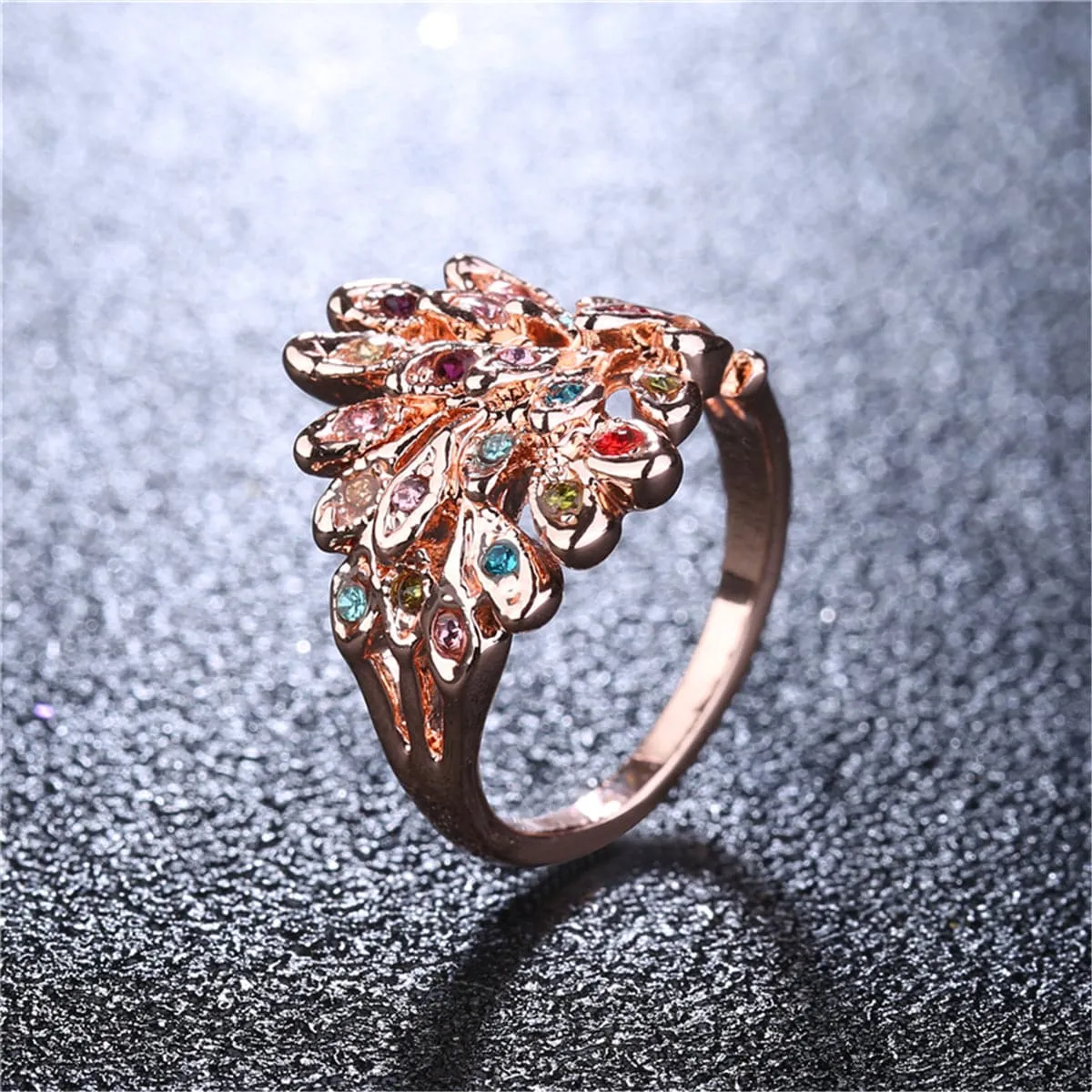 Cubic Zirconia & 18K Rose Gold-Plated Peacock Feather Ring