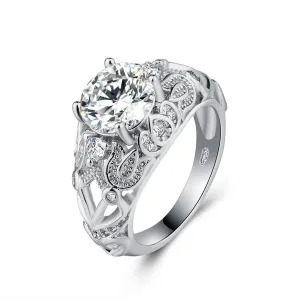 Cubic Zirconia & Crystal Silver-Plated Floral-Accent Prong Ring