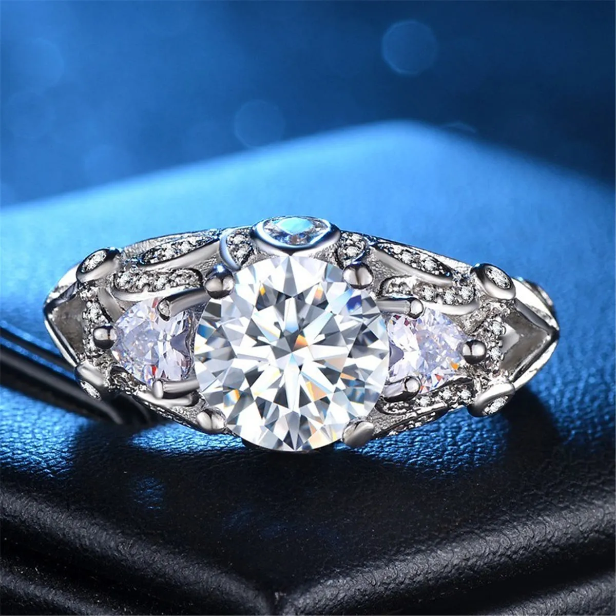 Cubic Zirconia & Crystal Silver-Plated Floral-Accent Prong Ring