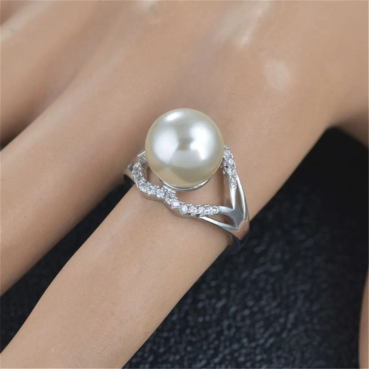 Cubic Zirconia & Pearl Silver-Plated Openwork Ring