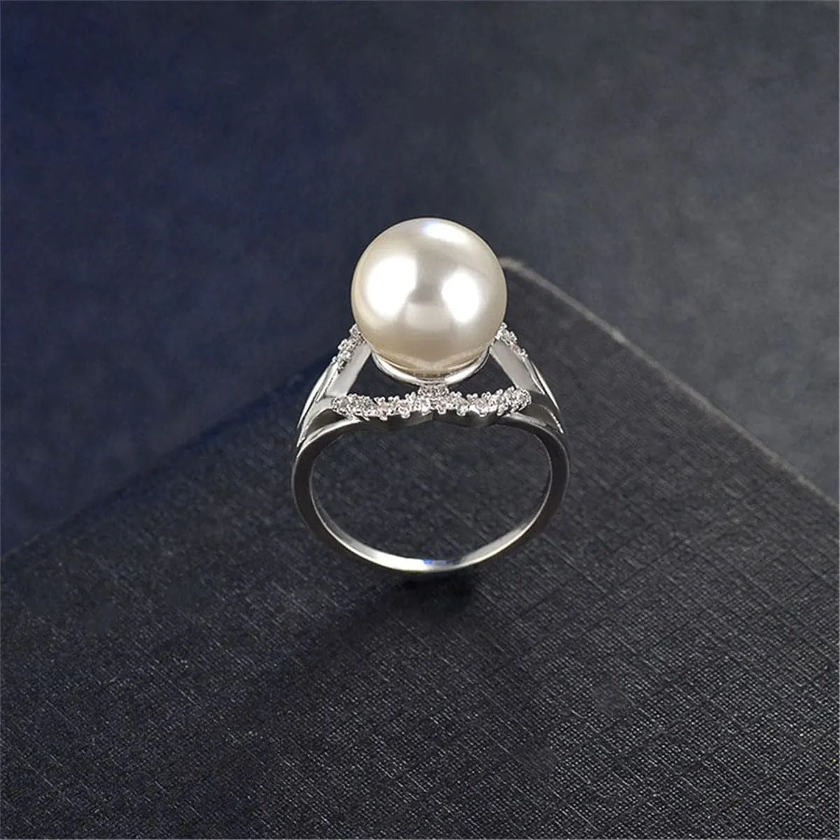 Cubic Zirconia & Pearl Silver-Plated Openwork Ring