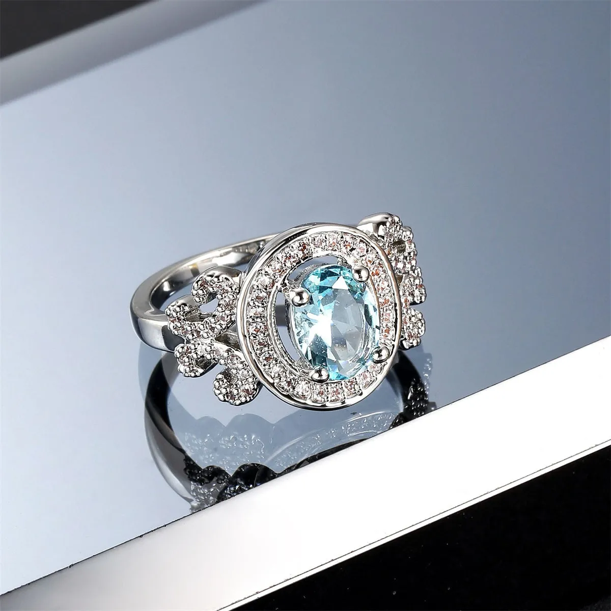 Cubic Zirconia & Sea Blue Crystal Halo Butterfly Ring
