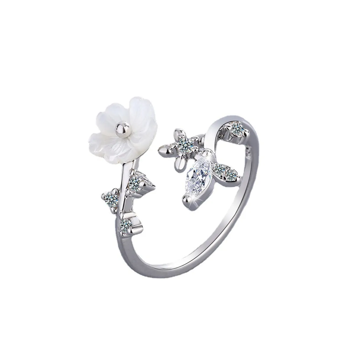 Cubic Zirconia & Shell Silver-Plated Shell Flower Bypass Ring