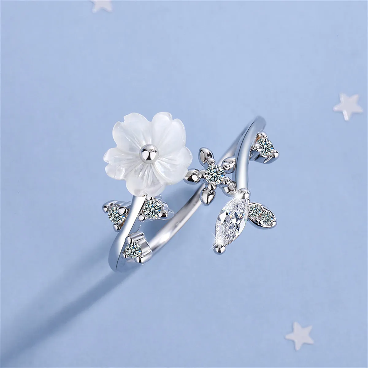 Cubic Zirconia & Shell Silver-Plated Shell Flower Bypass Ring
