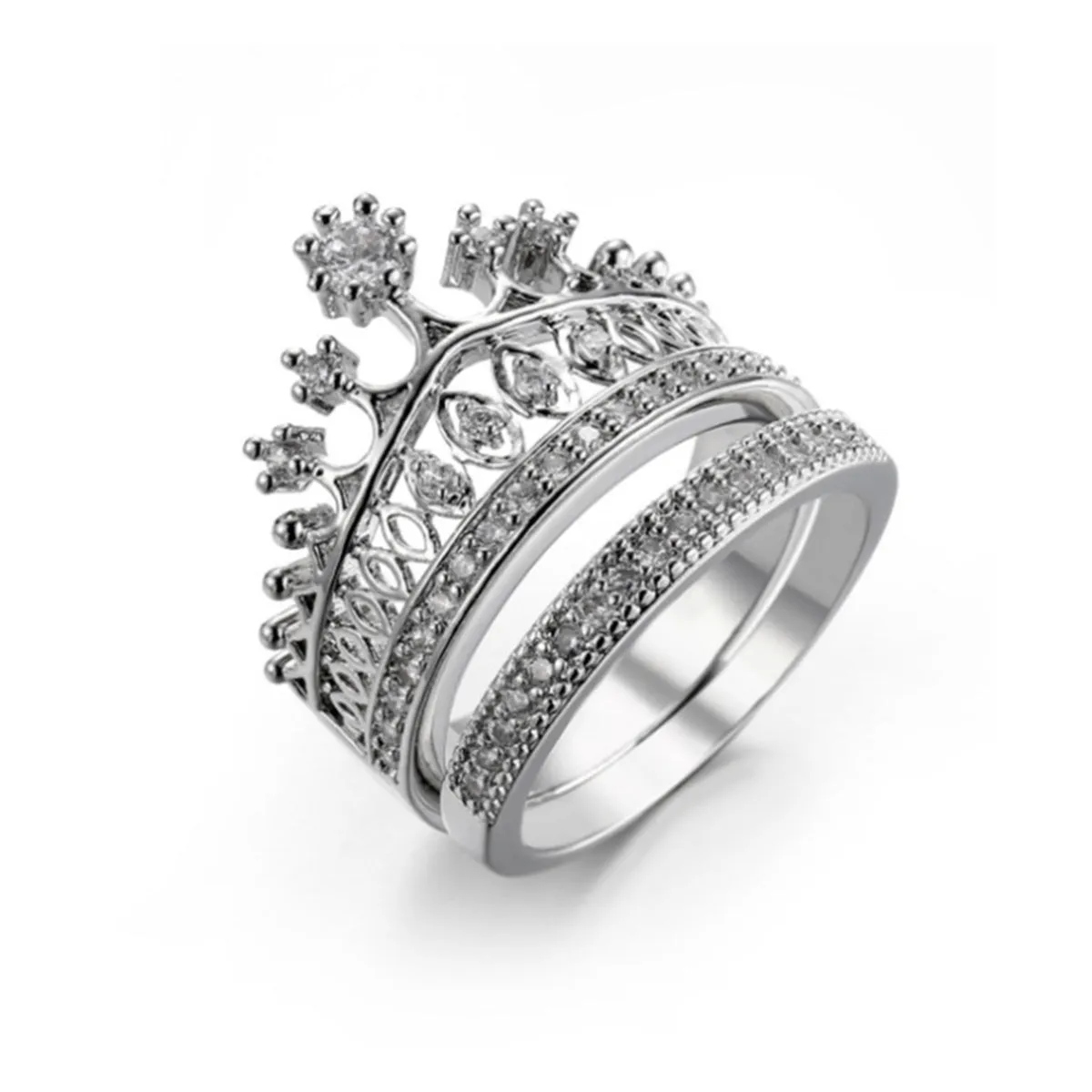 Cubic Zirconia & Silver-Plated Crown Ring Set