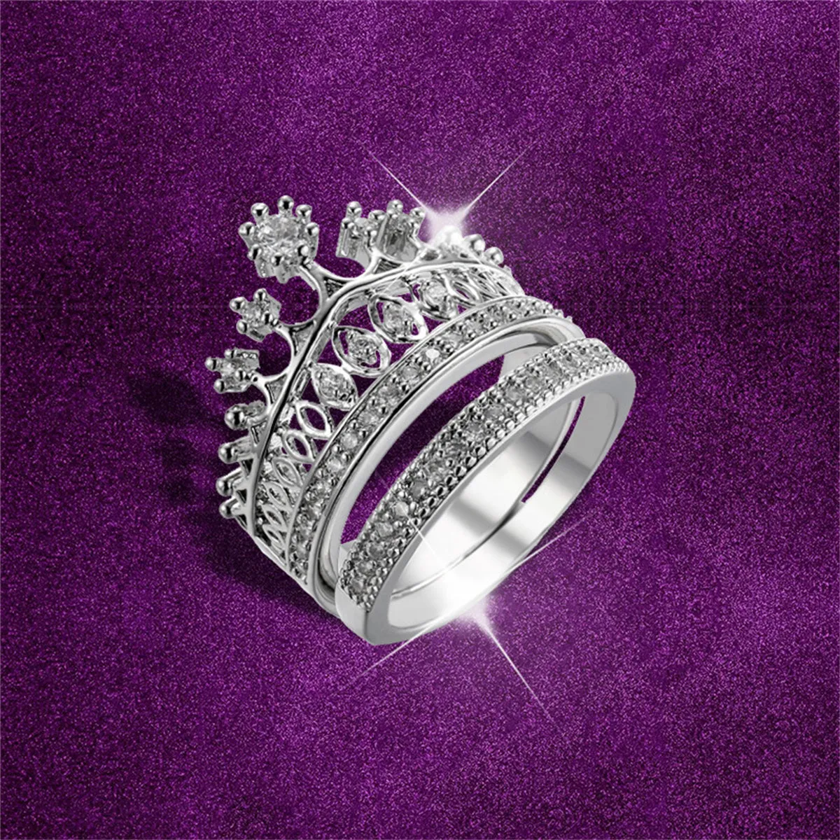 Cubic Zirconia & Silver-Plated Crown Ring Set