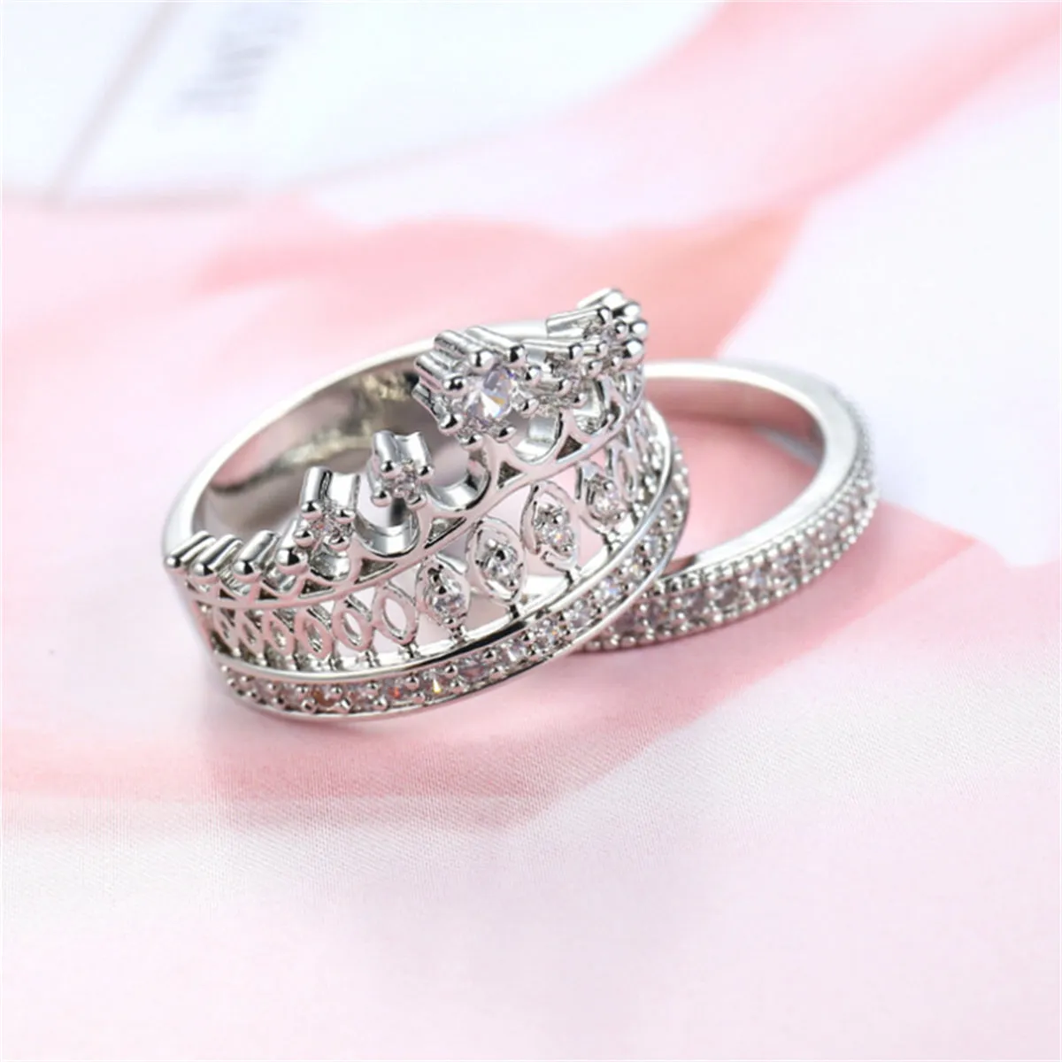 Cubic Zirconia & Silver-Plated Crown Ring Set