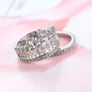 Cubic Zirconia & Silver-Plated Crown Ring Set