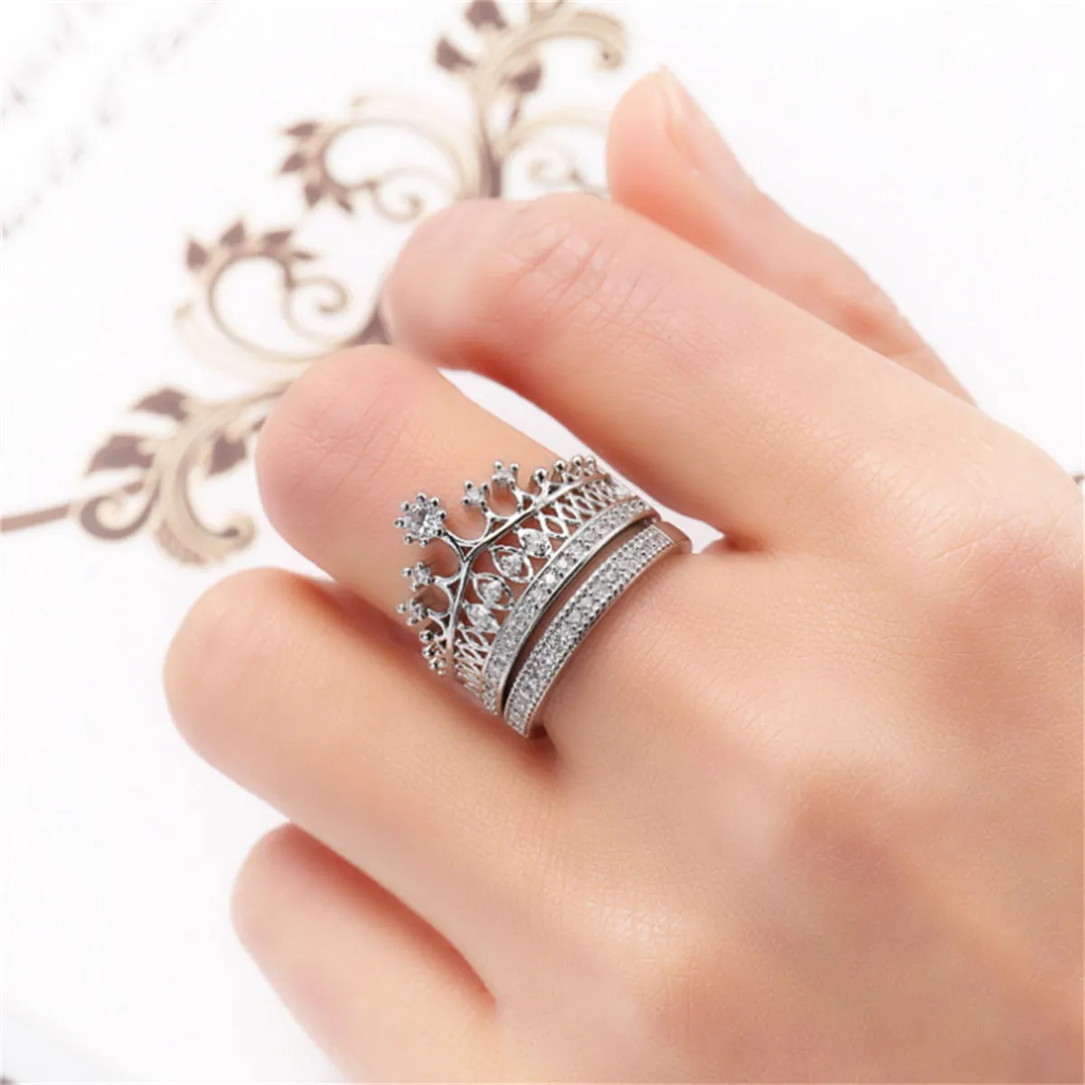 Cubic Zirconia & Silver-Plated Crown Ring Set