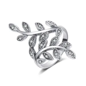 Cubic Zirconia & Silver-Plated Leaves Bypass Ring
