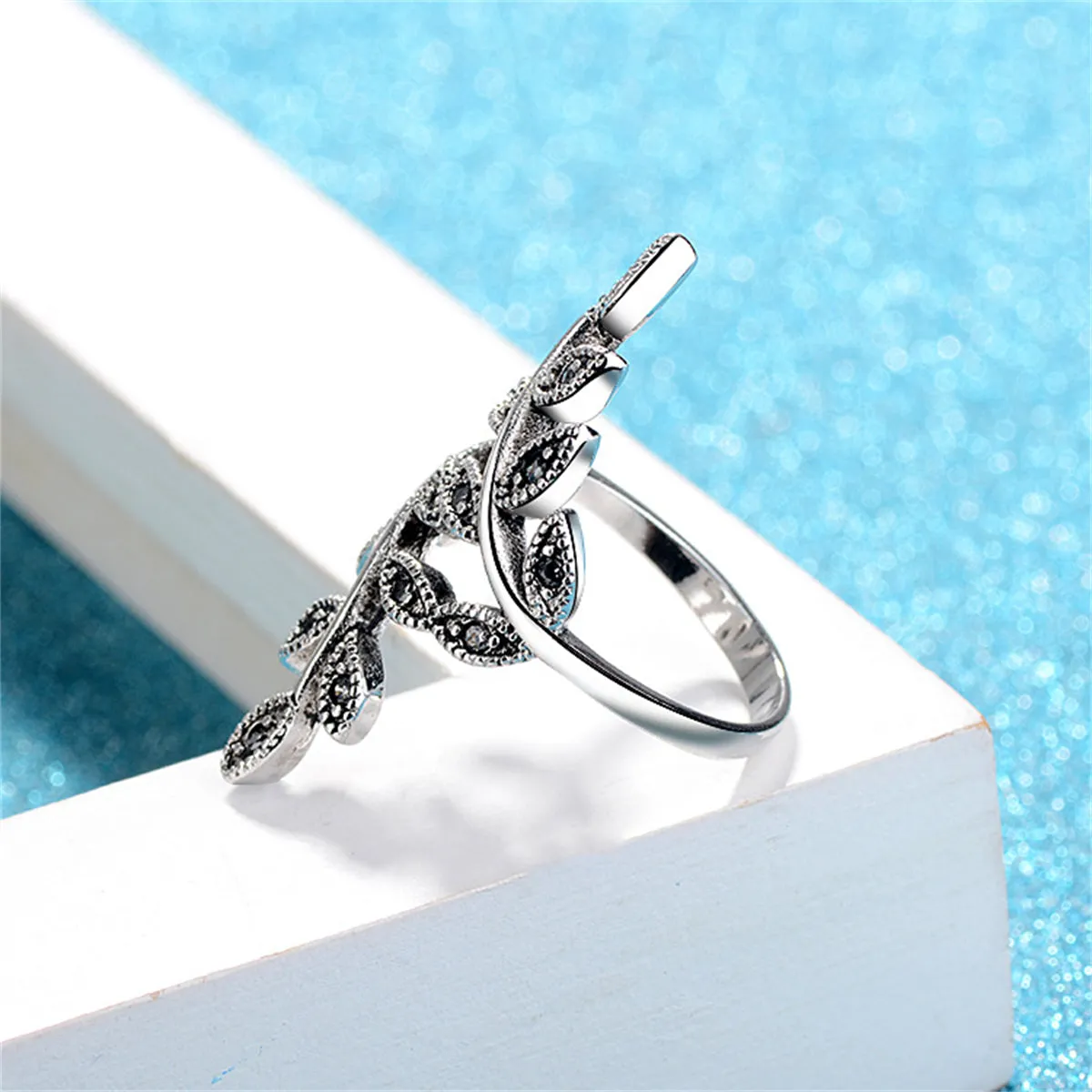 Cubic Zirconia & Silver-Plated Leaves Bypass Ring