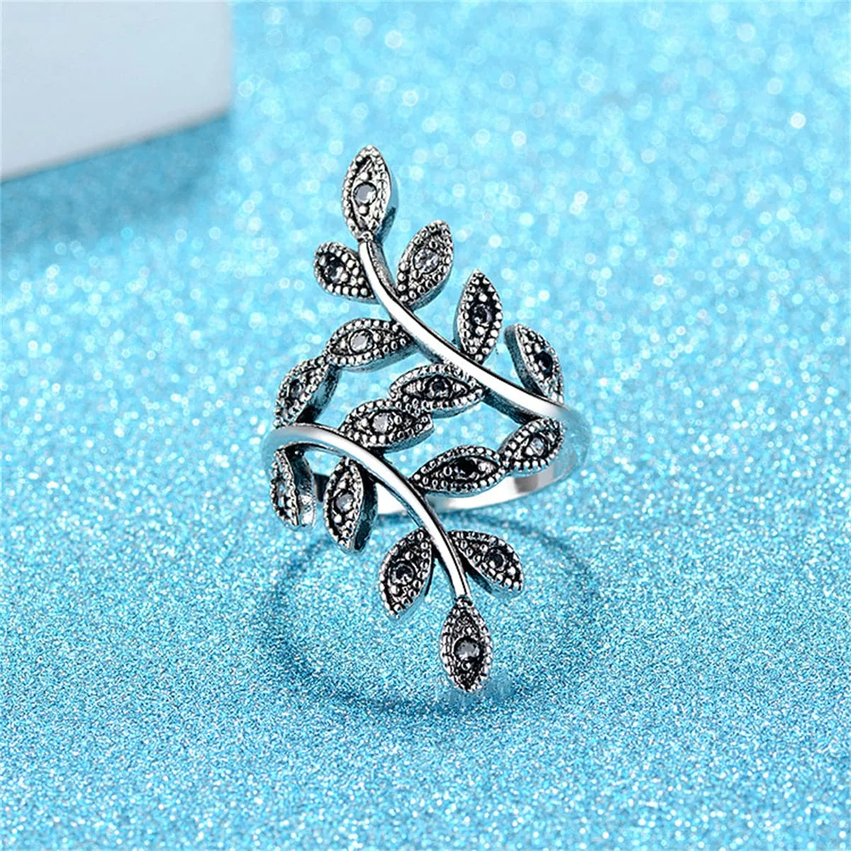 Cubic Zirconia & Silver-Plated Leaves Bypass Ring