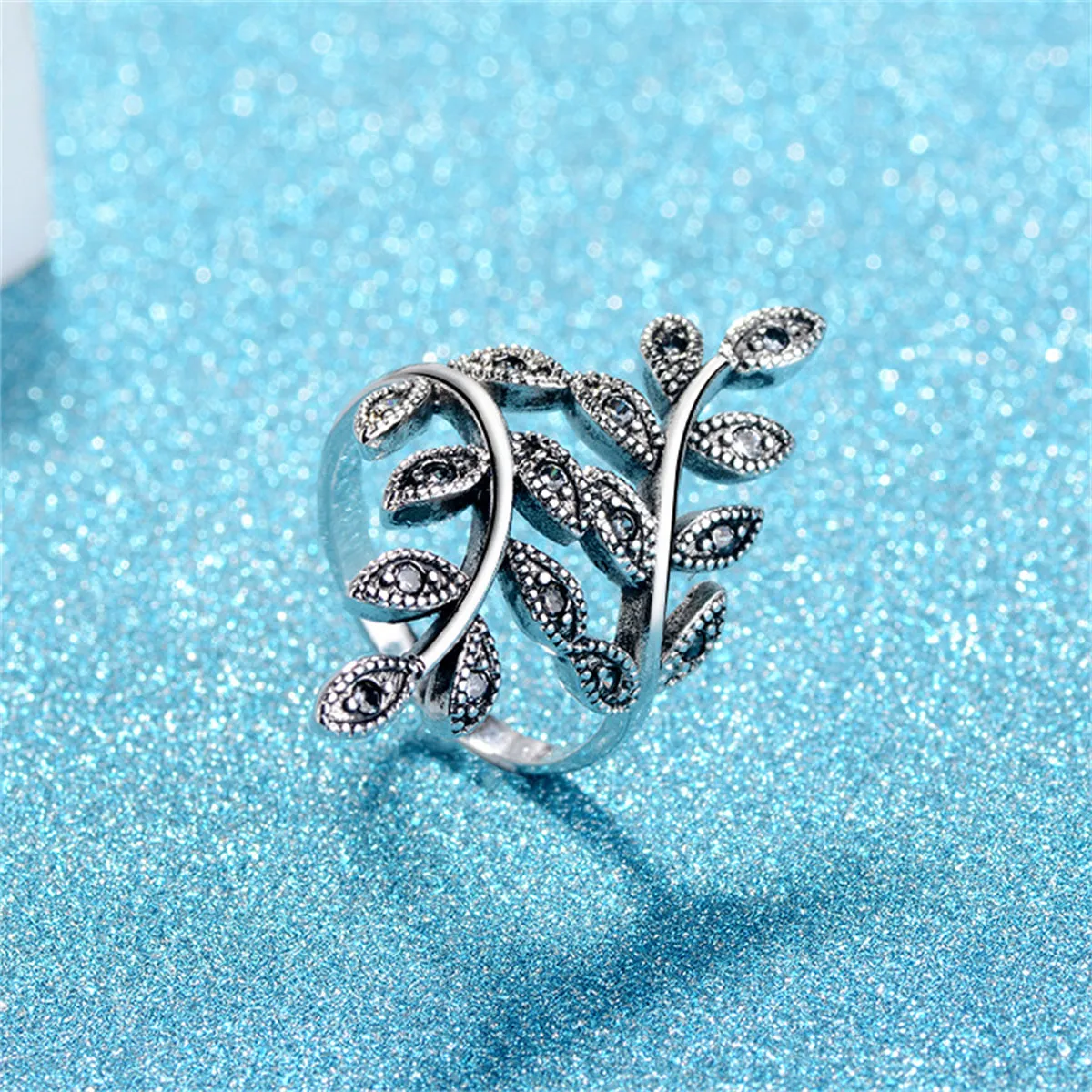 Cubic Zirconia & Silver-Plated Leaves Bypass Ring