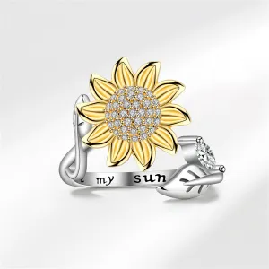 Cubic Zirconia & Two Tone Rotatable Sunflower Bypass Ring
