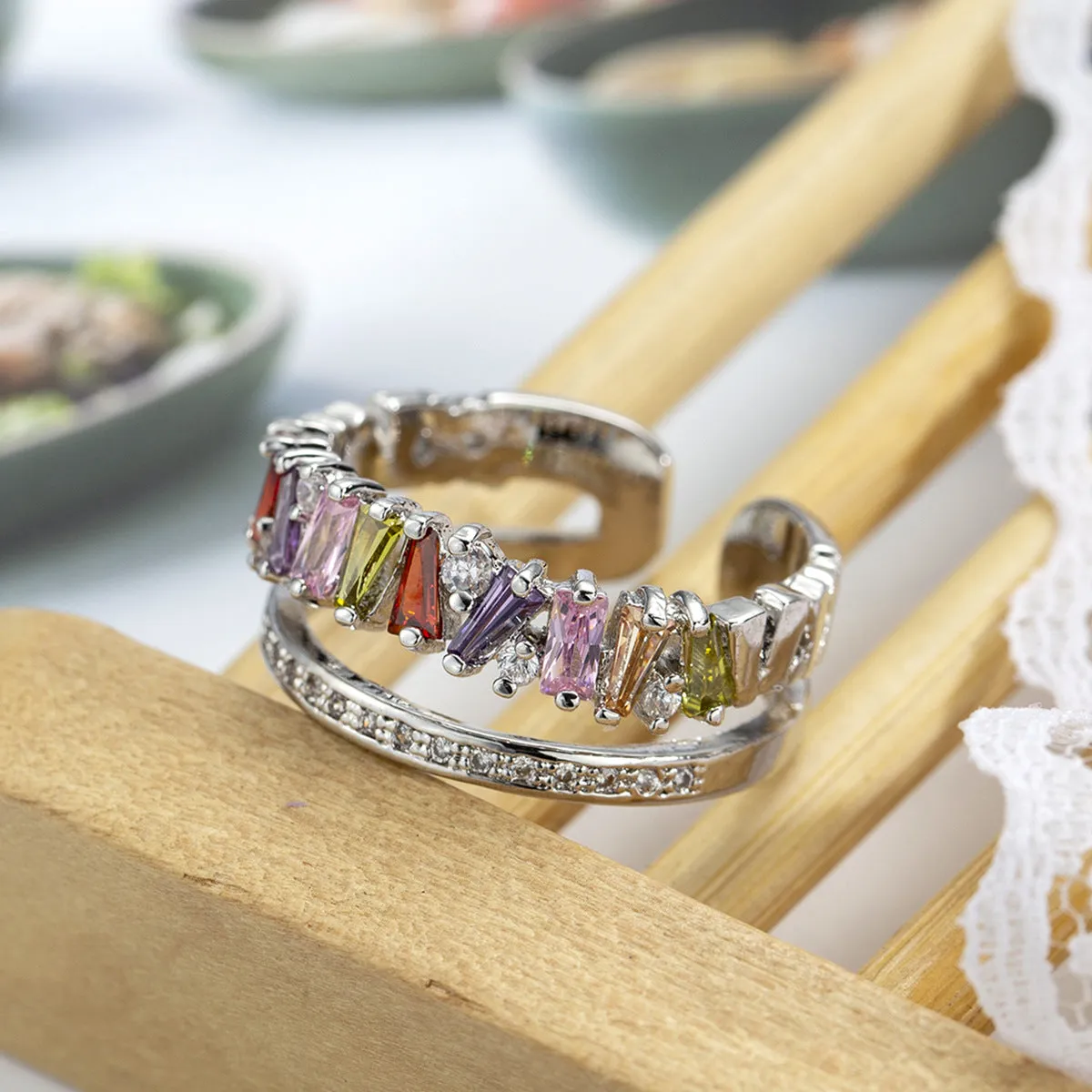 Cubic Zirconia & Vibrant Crystal Cluster Pavé Layered Ring