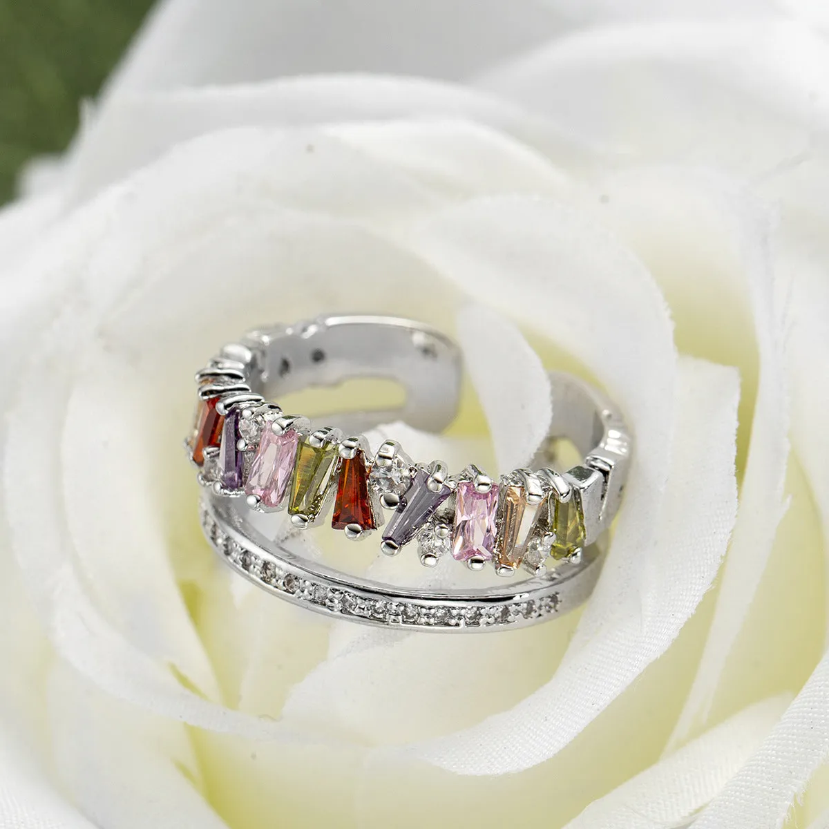 Cubic Zirconia & Vibrant Crystal Cluster Pavé Layered Ring