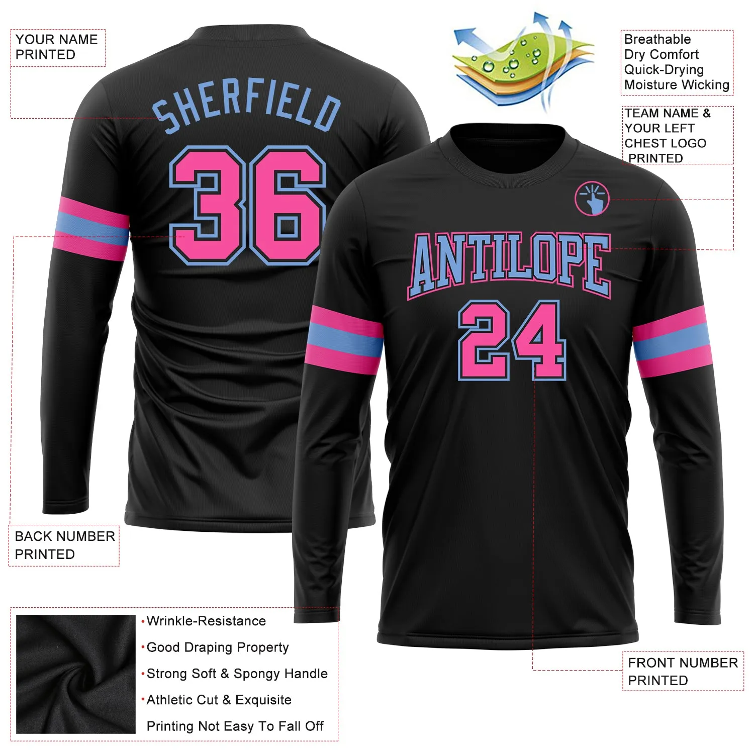 Custom Black Pink-Light Blue Long Sleeve Performance T-Shirt