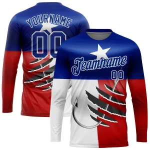 Custom Royal Red-White 3D Texas Flag And Fish Hook Fishing Long Sleeve Performance T-Shirt