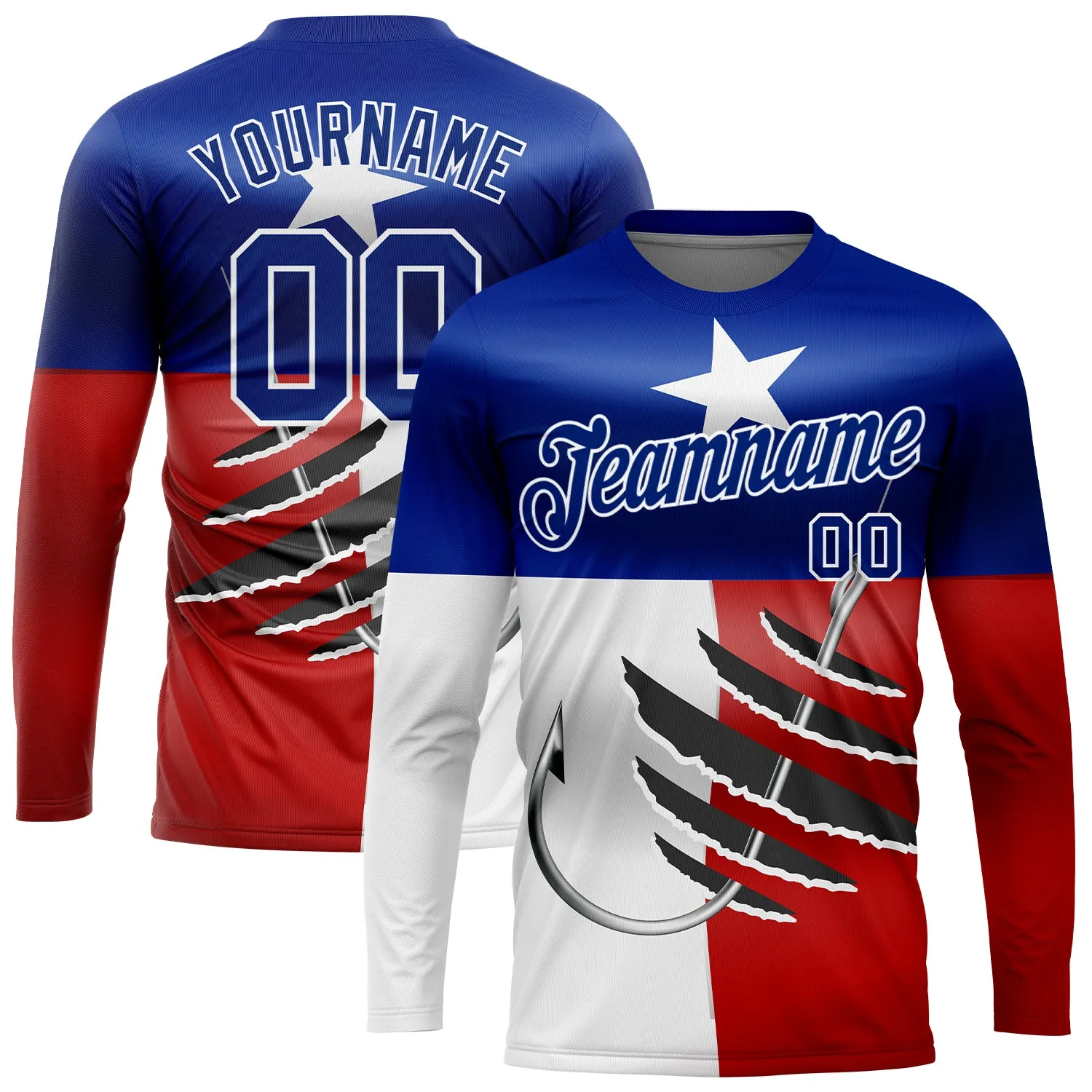 Custom Royal Red-White 3D Texas Flag And Fish Hook Fishing Long Sleeve Performance T-Shirt