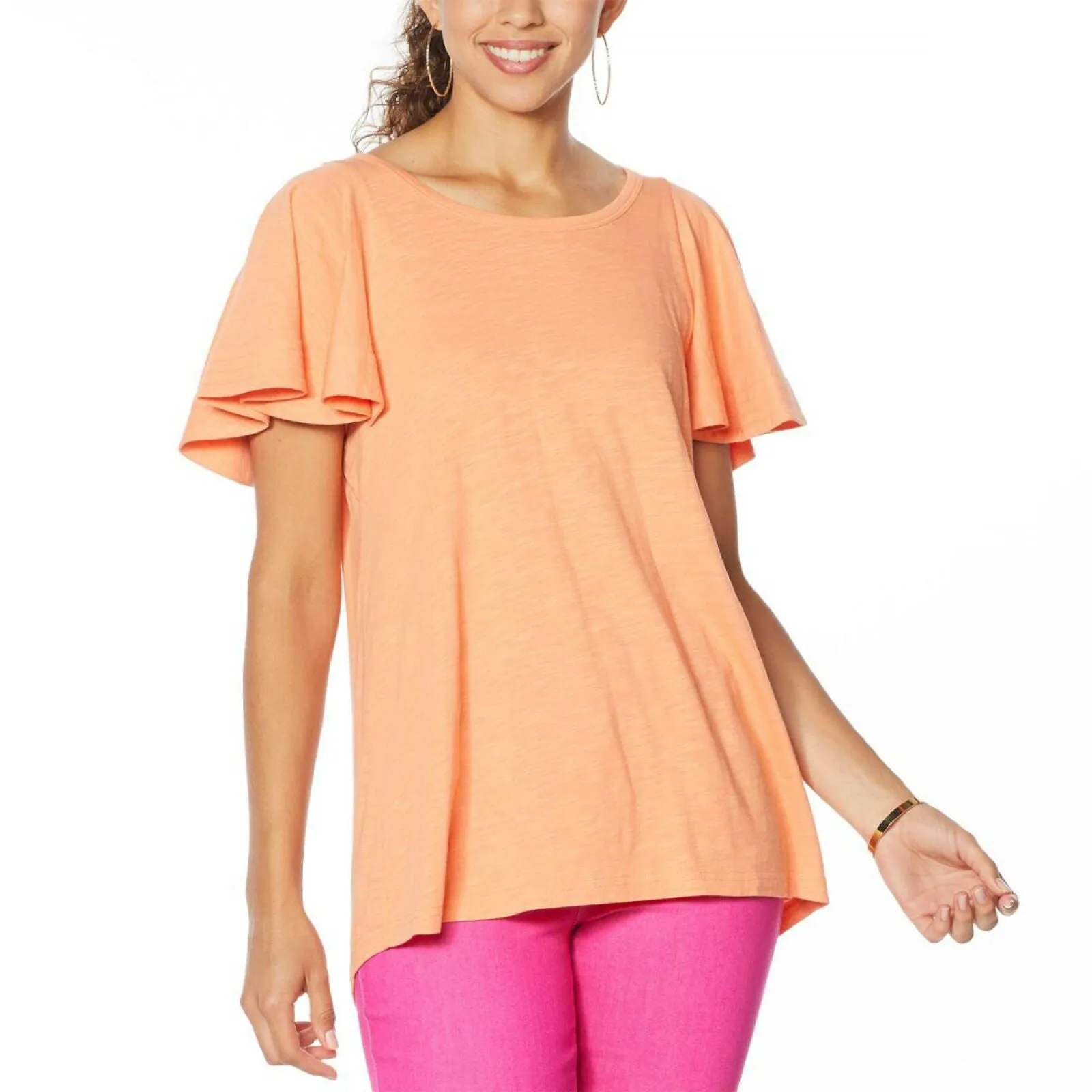 DG2 by Diane Gilman Women's Hi Low Flutter Sleeve T-Shirt Peach XL