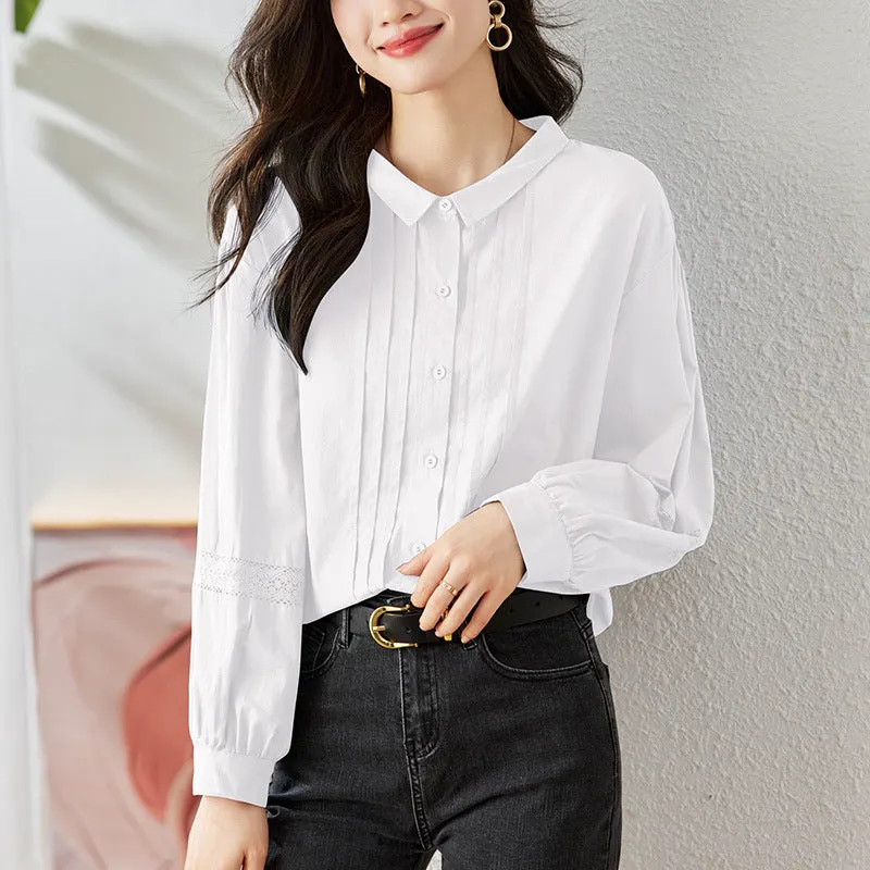 direct sales purple shirt women's long sleeves  spring clothes new lantern sleeves organ pleated top pure cotton shirt