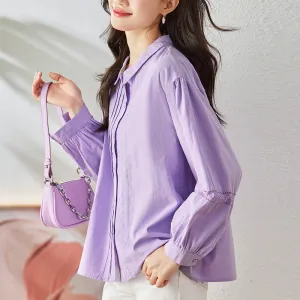 direct sales purple shirt women's long sleeves  spring clothes new lantern sleeves organ pleated top pure cotton shirt