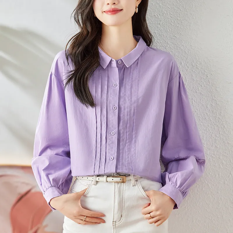 direct sales purple shirt women's long sleeves  spring clothes new lantern sleeves organ pleated top pure cotton shirt