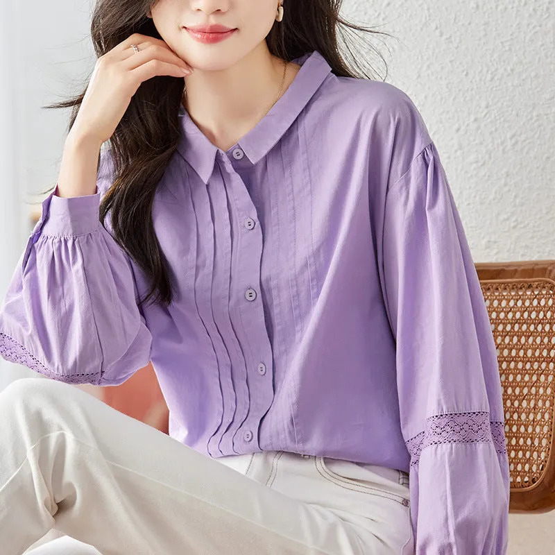 direct sales purple shirt women's long sleeves  spring clothes new lantern sleeves organ pleated top pure cotton shirt