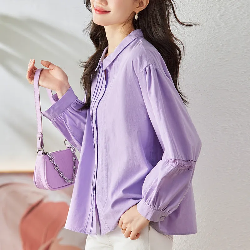 direct sales purple shirt women's long sleeves  spring clothes new lantern sleeves organ pleated top pure cotton shirt