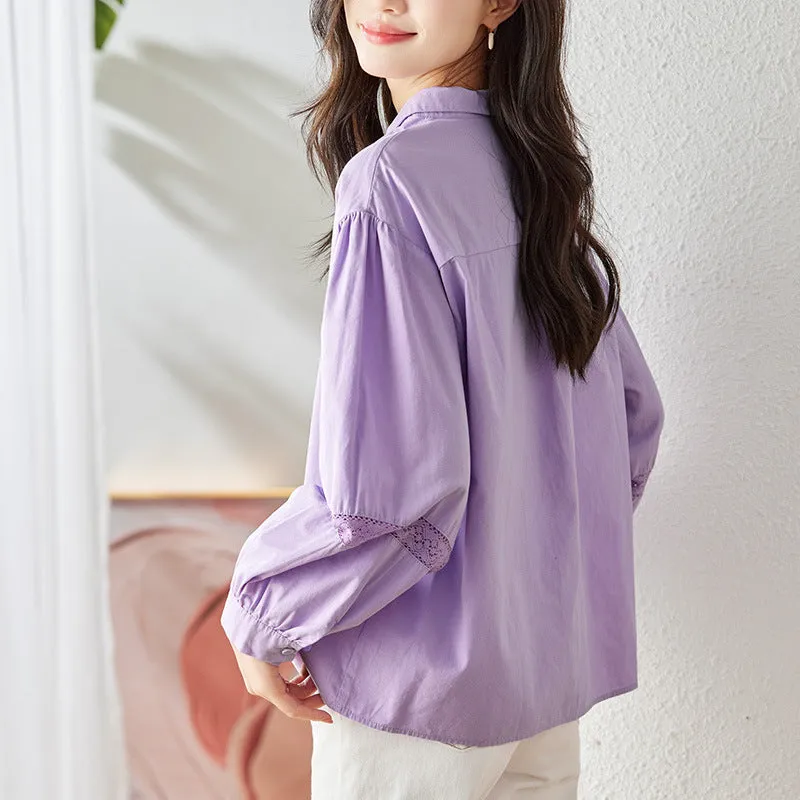 direct sales purple shirt women's long sleeves  spring clothes new lantern sleeves organ pleated top pure cotton shirt