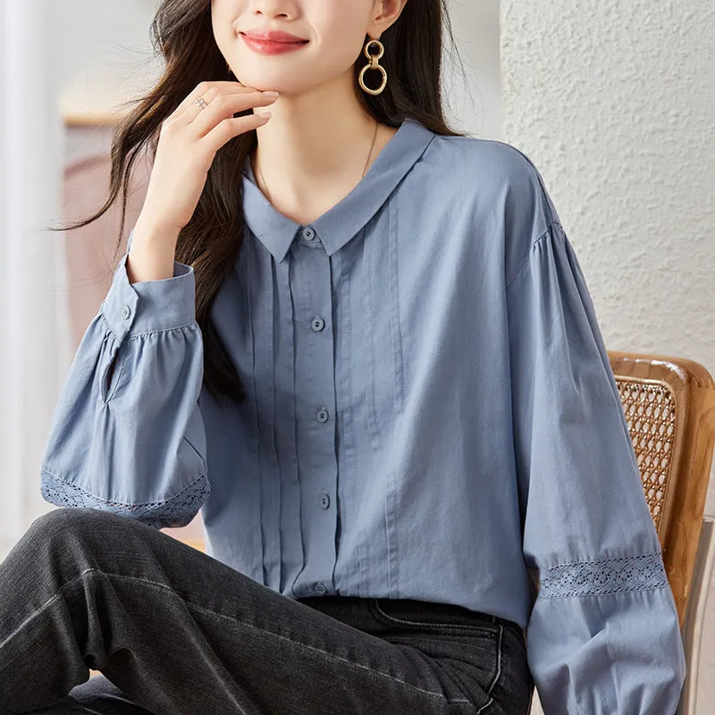direct sales purple shirt women's long sleeves  spring clothes new lantern sleeves organ pleated top pure cotton shirt