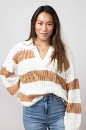 Elan Striped Johnny Collar Sweater for Women in Camel/White | SWS11276-CAMWHT