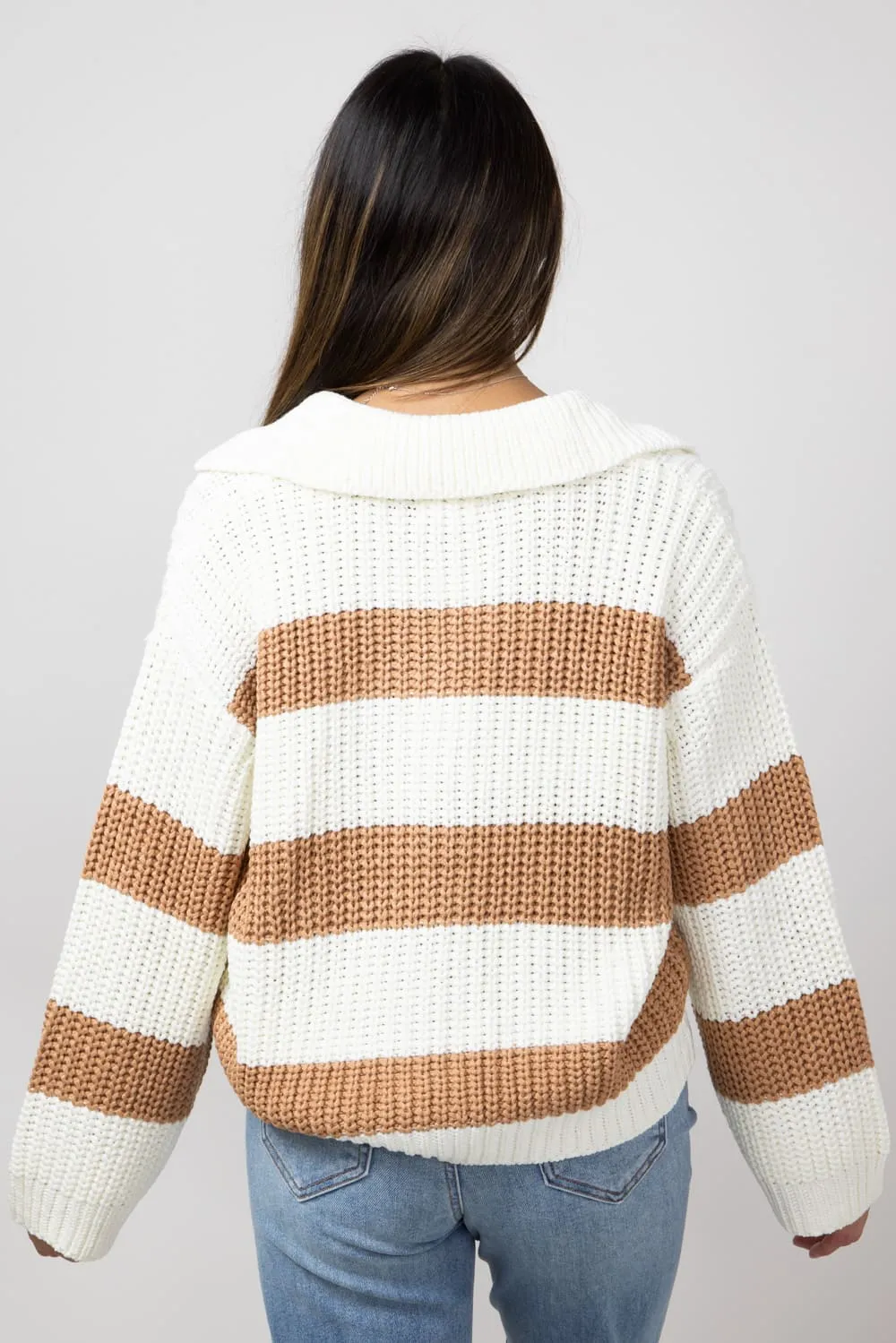 Elan Striped Johnny Collar Sweater for Women in Camel/White | SWS11276-CAMWHT