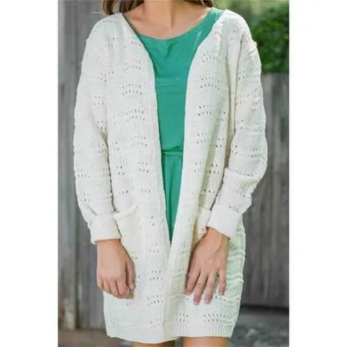 Elegant Solid Color V-Neck Hollow Out Long Cardigan For Women - Off-white One Size(fit Size Xs To M)