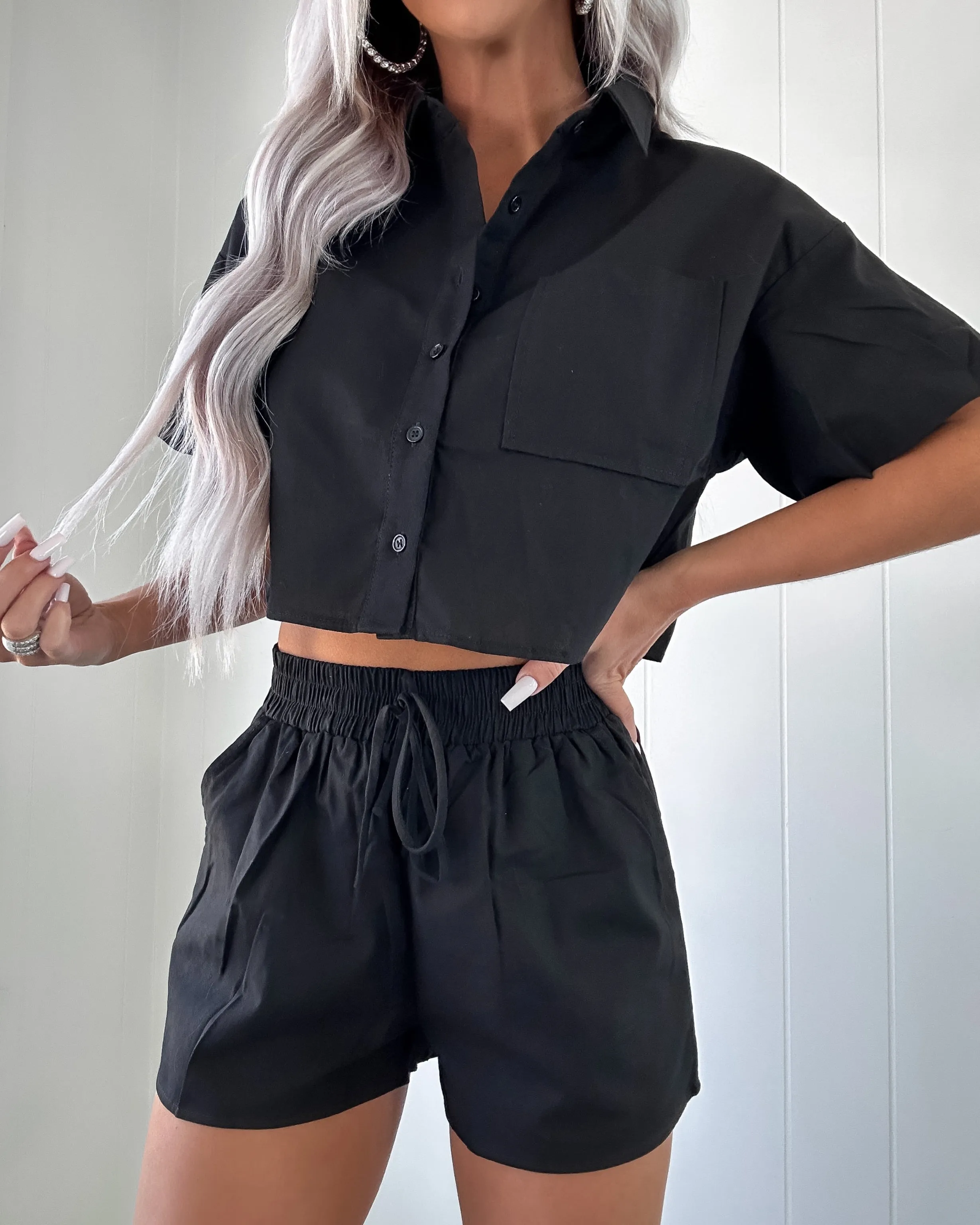 Endless Crush Linen Shorts Set - Black
