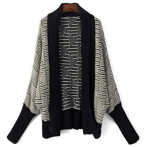 Ethnic Collarless Dolman Sleeve Geometric Cardigan For Women - Black One Size(fit Size Xs To M)