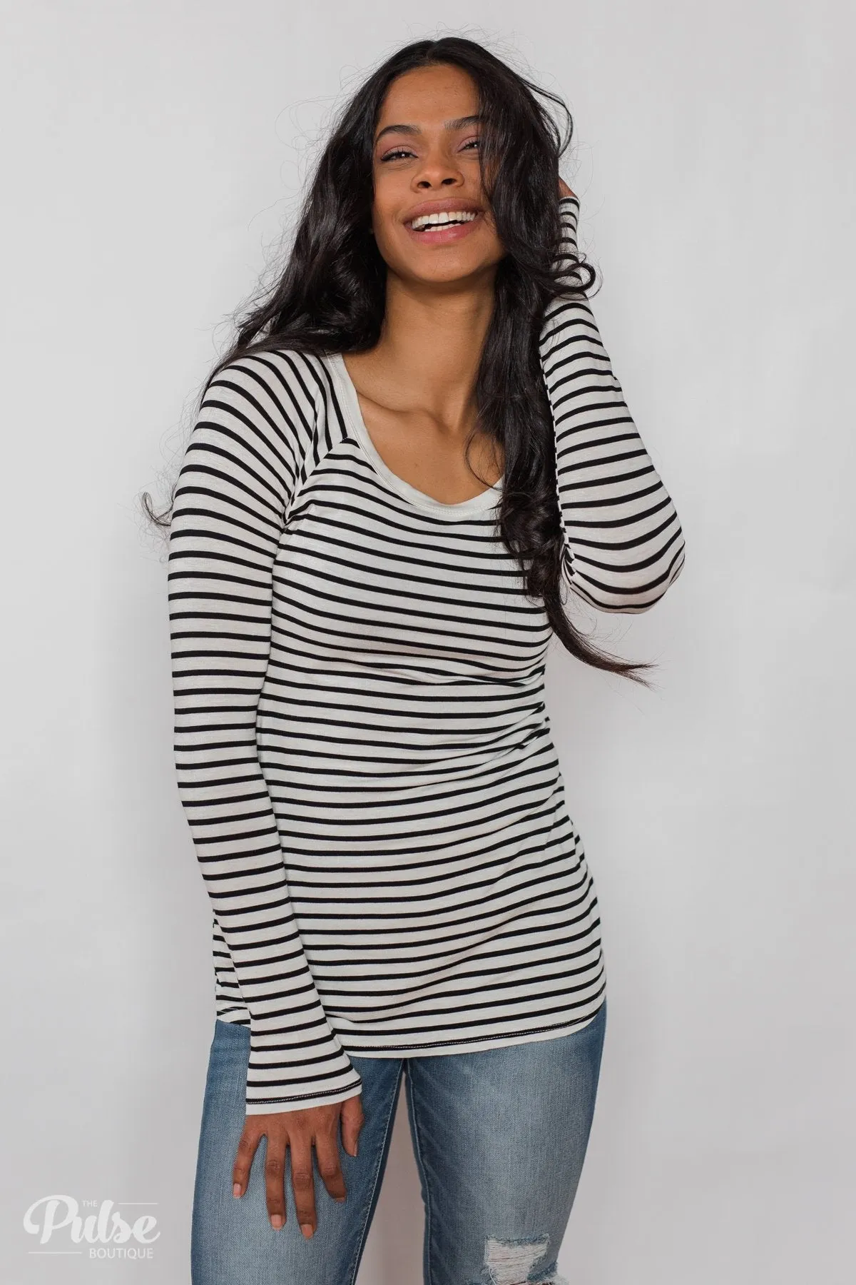 Everyday Striped Long Sleeve Top- White & Black