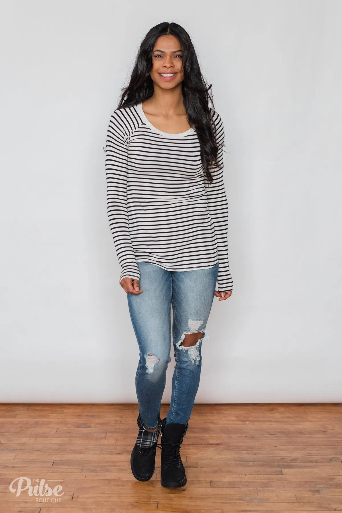 Everyday Striped Long Sleeve Top- White & Black