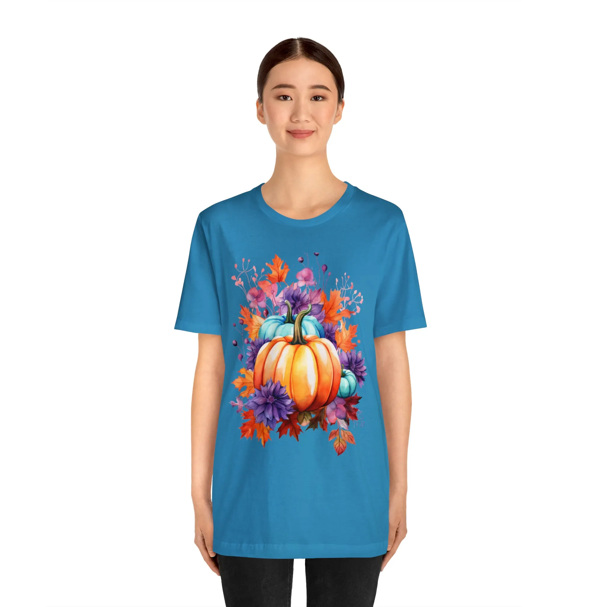 Fall Pumpkin & Leaves T-Shirt | Orange and Purple Fall Tee |  Bella Canvas 3001 Unisex |  Fall Short Sleeve Tshirt