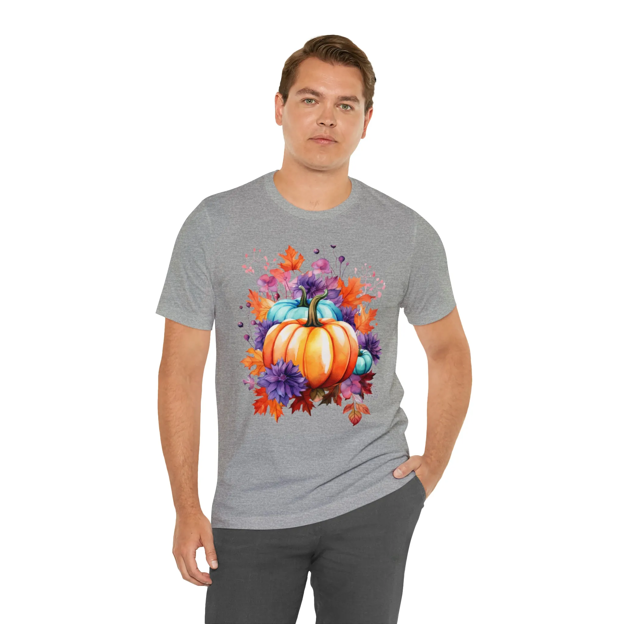 Fall Pumpkin & Leaves T-Shirt | Orange and Purple Fall Tee |  Bella Canvas 3001 Unisex |  Fall Short Sleeve Tshirt