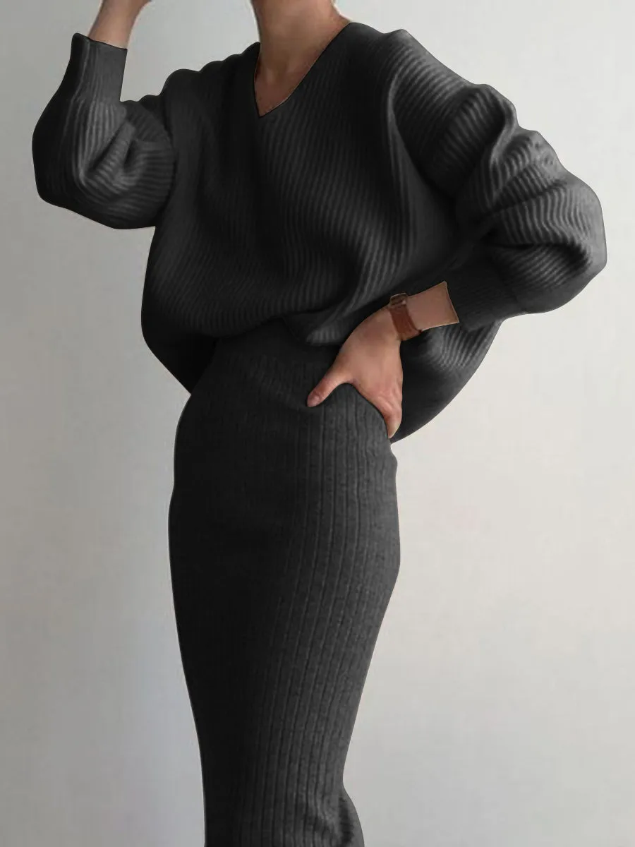 Fashion Casual Loose V-neck Long Sleeve Solid Color Two-piece Suit